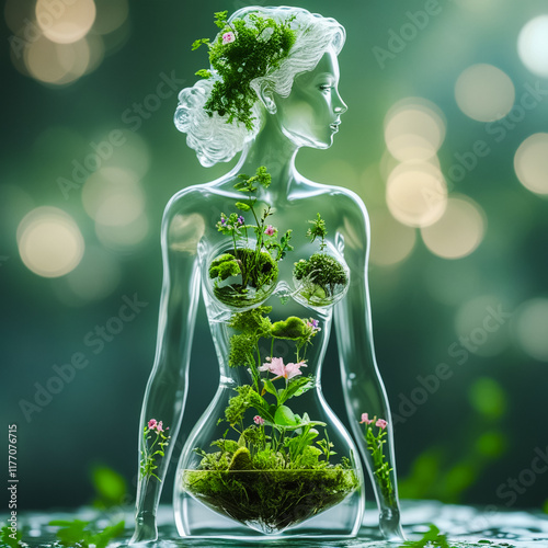 A stunning 3D digital artwork of a luminous glass woman with an hourglass figure, housing a vibrant internal ecosystem of plants, moss, and flowers. Fragile Harmony