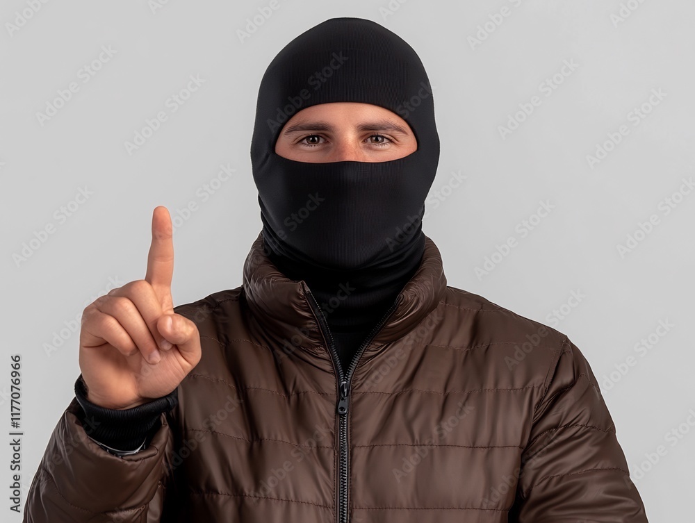 Close-up Photo: Man Mysteriously Points Up, Wearing Balaclava and Brown Jacket. AI Generated Close-up Photo: Man Mysteriously Points Up, Wearing Balaclava and Brown Jacket. AI Generated