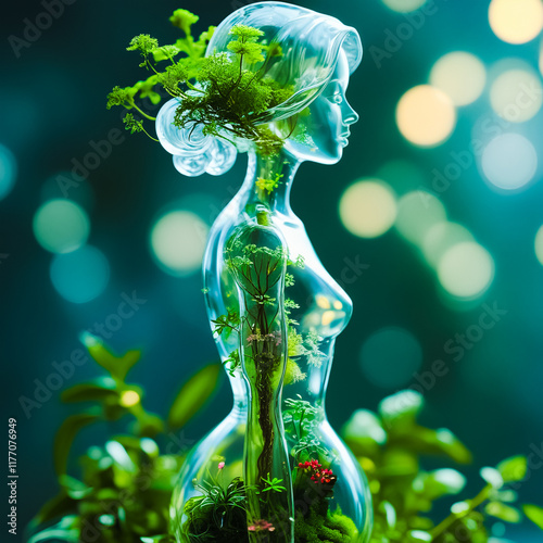 A stunning 3D digital artwork of a luminous glass woman with an hourglass figure, housing a vibrant internal ecosystem of plants, moss, and flowers. Nature’s Sculpture