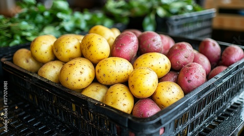 Colorful assortment of fresh potatoes and herbs on a dark surface