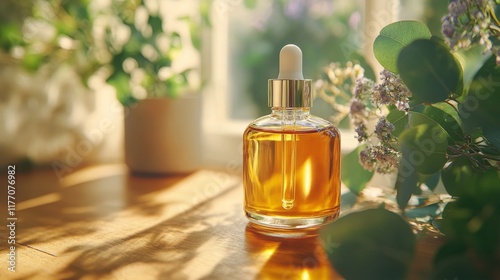 Natural essential oil bottle placed on green foliage during golden hour in a ...