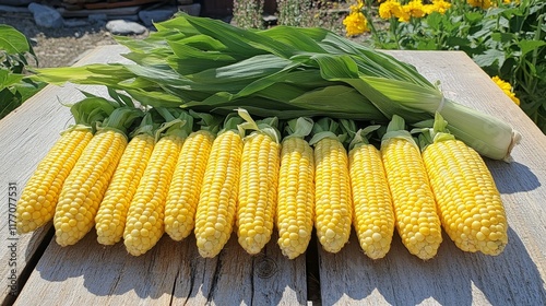 Freshly harvested sweet corn lined up on a rustic wooden table in a sunny garden
