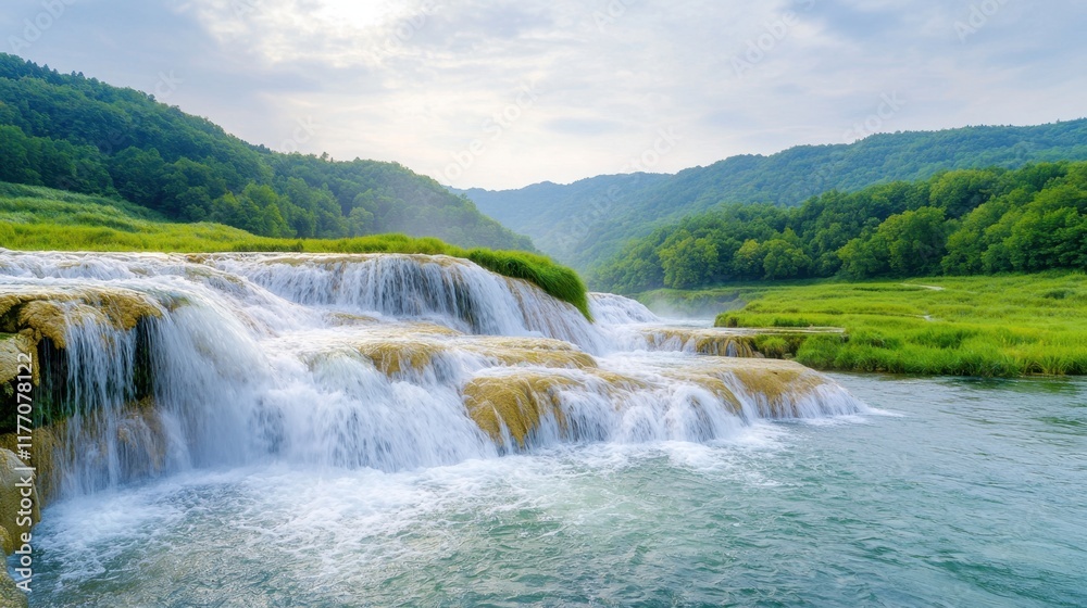 Fototapeta premium The Jiulong waterfall in Luoping, China is a breathtaking natural wonder characterized by a series of cascading streams intertwining amongst vibrant green foliage