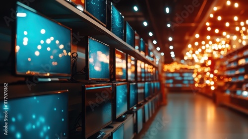 An elegant lineup of glowing monitors lined up in a stylish electronic store, complemented by warm ambient lighting and reflecting a high-tech shopping experience. photo