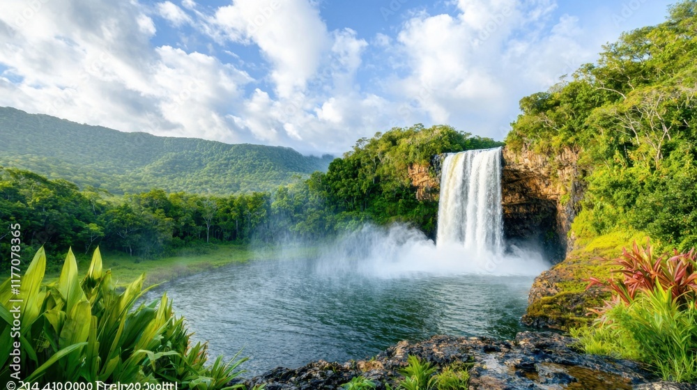 Fototapeta premium A wide panoramic view of a lush, green tropical jungle with a stunning waterfall cascading down into a crystal clear pool, surrounded by vibrant foliage and towering trees.