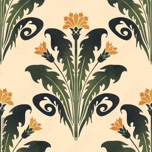 Dandelion flower, seamless pattern, Art nouveau, watercolor