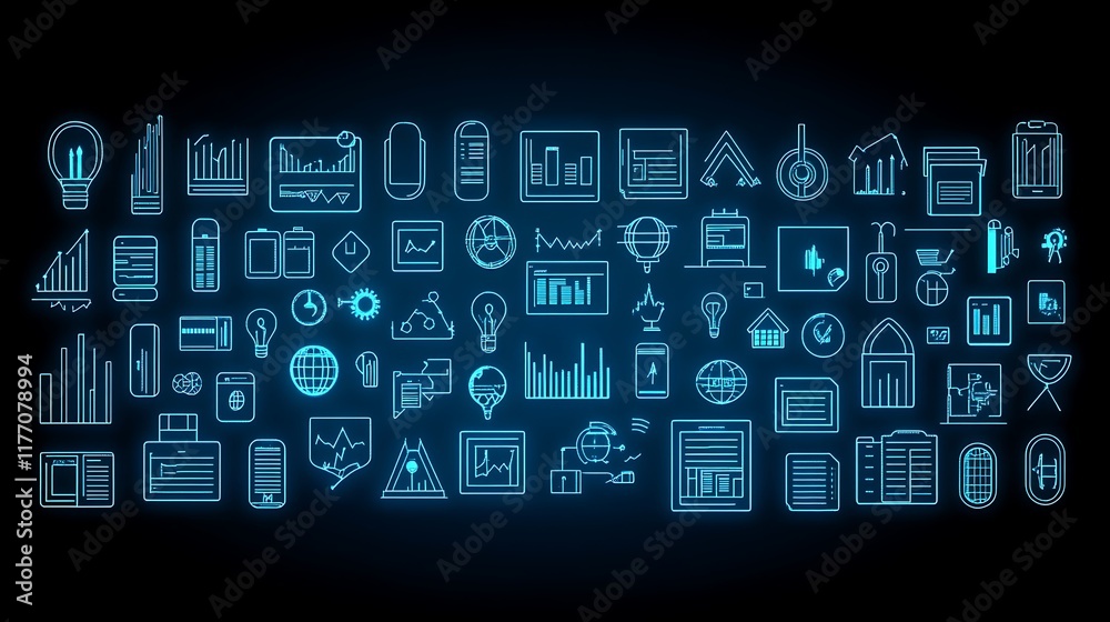 Glowing Data Icons, Digital Business, Dark Background, Infographic Design. Glowing Data Icons, Digital Business, Dark Background, Infographic Design.