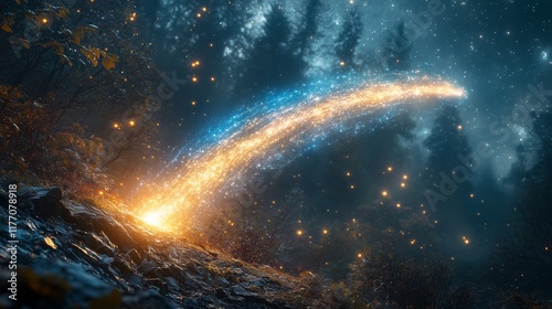 Bright blue comet streaks across a starry sky in a serene night landscape