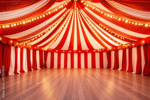Red and white striped circus tent interior with glowing lights, polished wooden floor, festive atmosphere, colorful, celebration concept. Ai generative