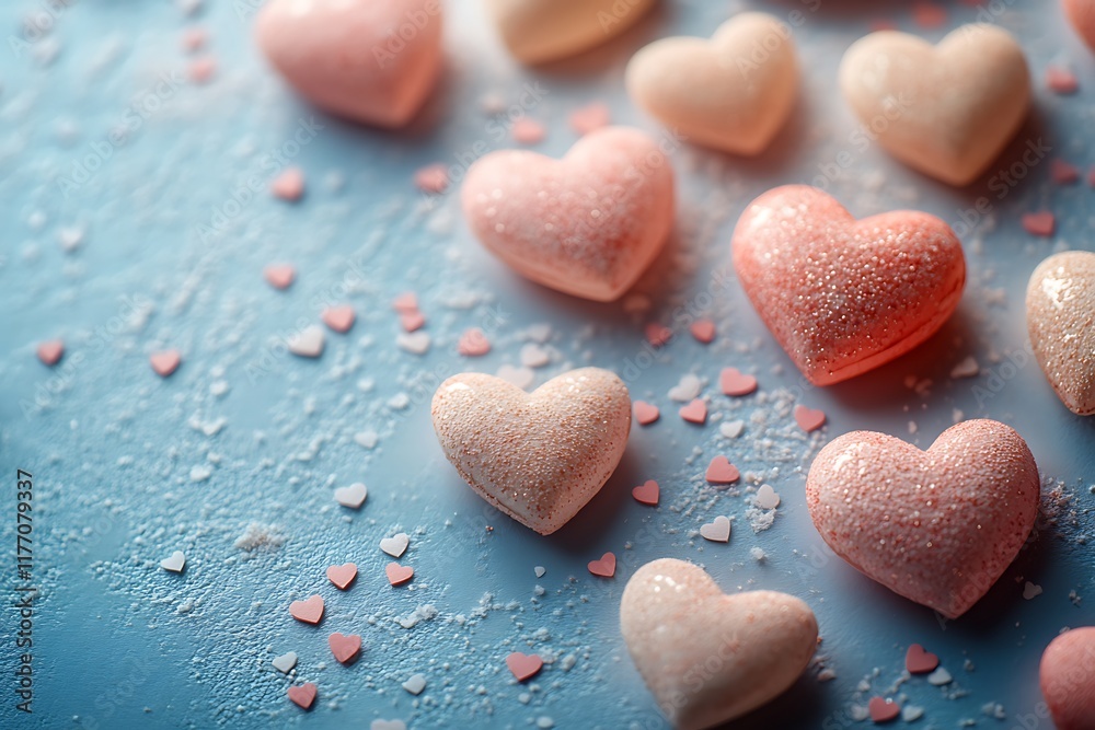 Obraz premium Happy Valentines Day with a Group of Heart-Shaped Candies on Blue Background