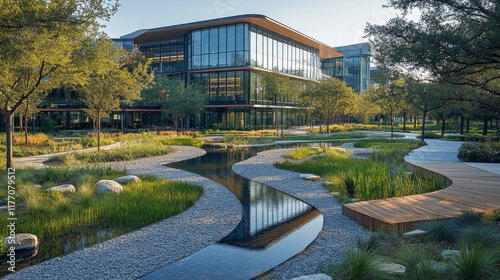 Modern architectural design features tranquil landscape water features during...