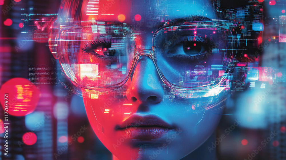 Digital design concept featuring futuristic glasses with vibrant graphics. Generative AI Digital design concept featuring futuristic glasses with vibrant graphics. Generative AI