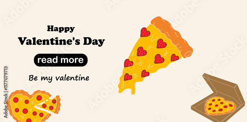 Web page design template. Pizza in the form of a heart. Happy Valentine's Day