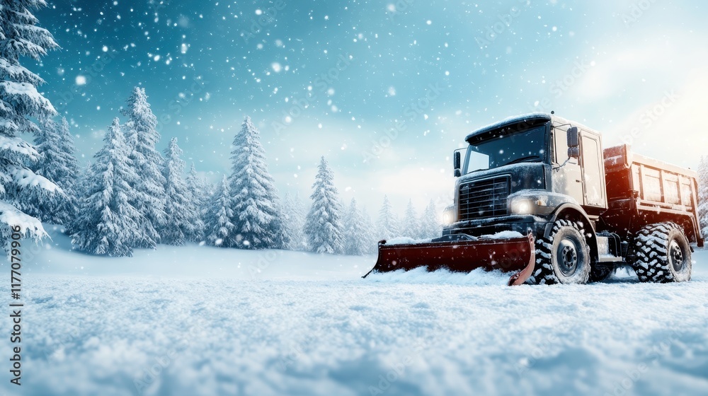 A snowplow truck stands quietly amidst a thick blanket of snow and tall trees, capturing a peaceful winter scene with an aura of calm and quiet determination. A snowplow truck stands quietly amidst a thick blanket of snow and tall trees, capturing a peaceful winter scene with an aura of calm and quiet determination.