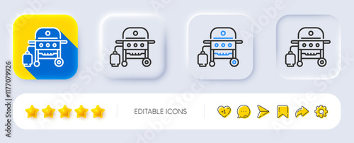 Gas grill line icon. Neumorphic, Flat shadow, 3d buttons. Barbecue cooker for cooking food sign. Meat brazier symbol. Line gas grill icon. Social media icons. Vector