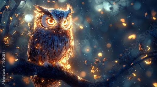 Owl perched on a snowy branch with glowing orange eyes in a winter landscape ...