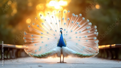 A rare white peacock spreads its opulent feathers in full display as it stands in a park bathed in the warm glow of sunset, showcasing ethereal beauty and elegance. photo