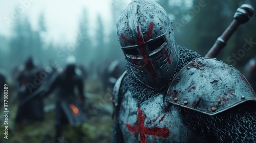 An intense scene of a knight in armor with a red cross emblem, standing resolute amidst a foggy battlefield, representing courage and historical valor.