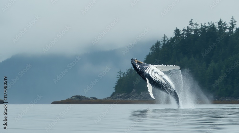 Fototapeta premium Humpback whale breaches in calm waters near forested coastline