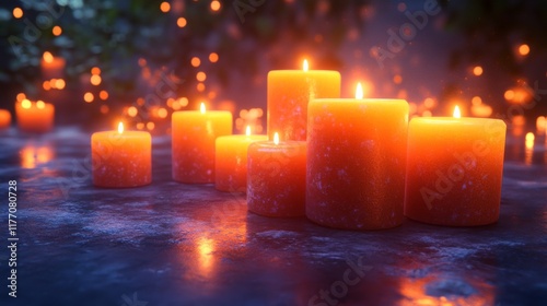 Soft glow of candlelight creates a serene atmosphere in a cozy living room du...
