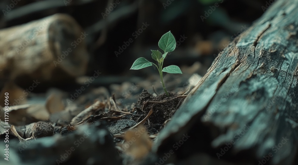 New plant sprouts from soil next to decaying wood in a forest New plant sprouts from soil next to decaying wood in a forest