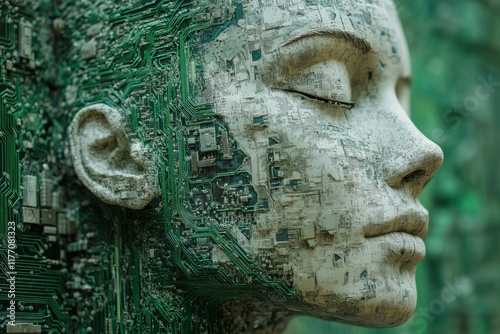 Unique artistic representation of a face combined with circuit patterns in a ...