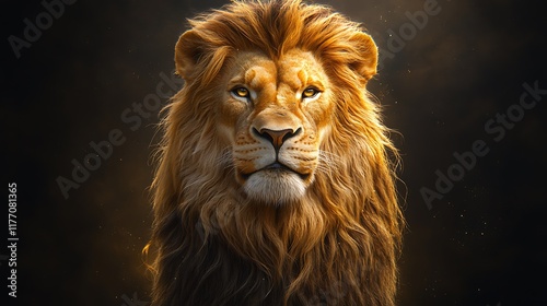 Majestic lion portrait, golden light, dark background, wildlife art. photo