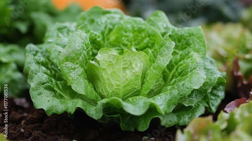 Freshly harvested lettuce glistens with dew in a thriving garden at dawn