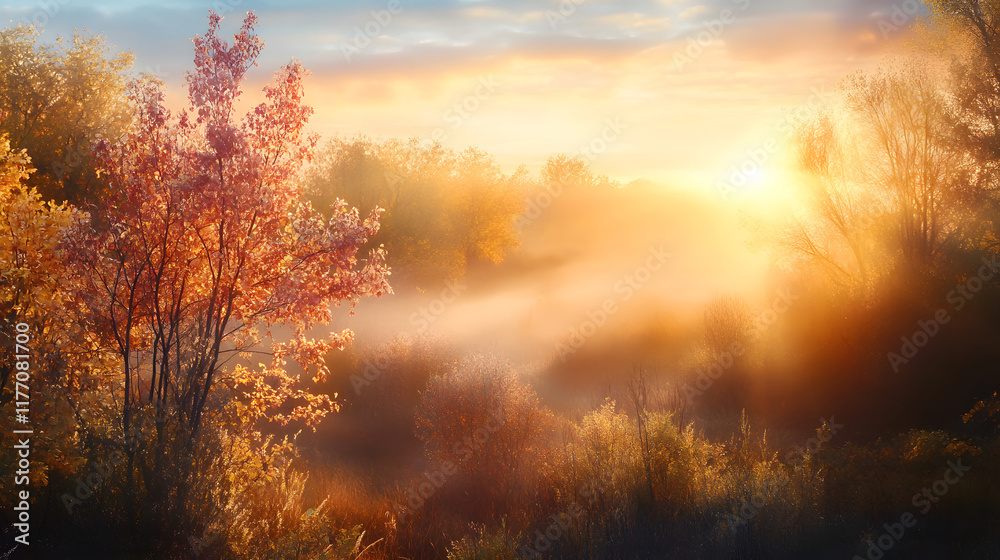 The sun shining through a majestic tree on a meadow, with clear blue sky in the background, panorama format
