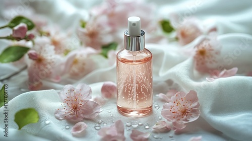 Delicate bottle of pink liquid sits among cherry blossom petals on soft fabri...