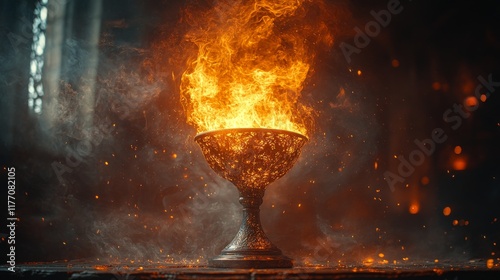 Fiery chalice emits vivid flames in a mysterious setting surrounded by smoke