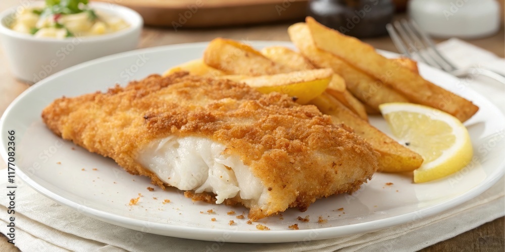 A Crispy Breaded Fish Fillet Served with Golden Fried Potato Wedges and a Lemon Slice A Crispy Breaded Fish Fillet Served with Golden Fried Potato Wedges and a Lemon Slice