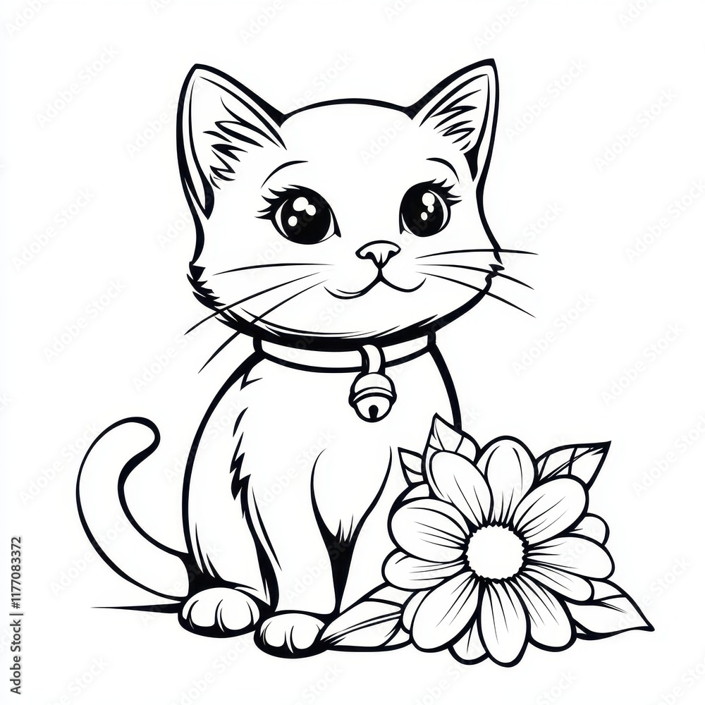 Obraz premium Adorable Kitten with Flower Cute Cat Coloring Page Illustration