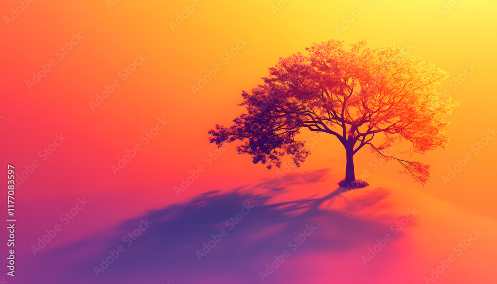 A single tree stands against a vibrant sunset sky A single tree stands against a vibrant sunset sky