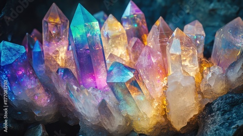 Cluster of vibrant, colorful, prismatic crystals. photo