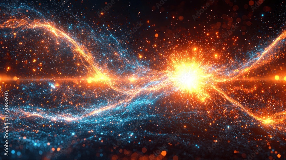 Collision of blue and orange energy waves with sparks in cosmic space Collision of blue and orange energy waves with sparks in cosmic space