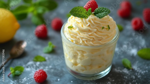 Delicious lemon mousse topped with fresh raspberries and mint leaves on a dar...