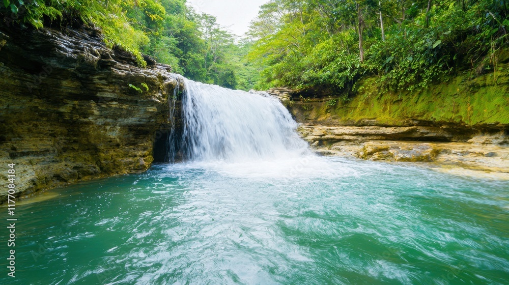 Naklejka premium The small secret waterfall of Tibumana is nestled within a lush green jungle in Bali, Indonesia