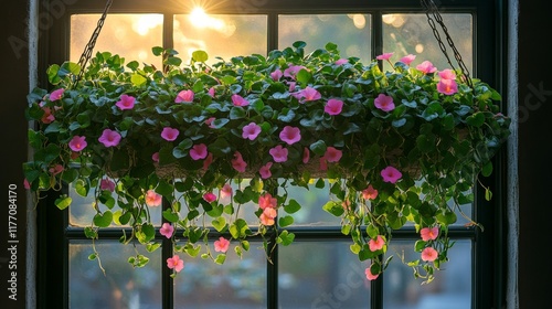 Hanging flower planter in sunlight by window during early morning hours