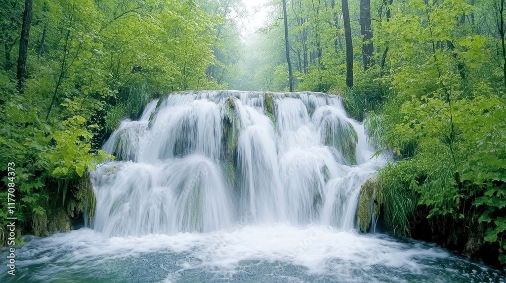 Fototapeta premium The waterfall in the lush forest of Plitvice Lakes cascades down a series of terraced limestone cliffs, creating a mesmerizing display of cascading water surrounded by vibrant greenery.