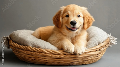 Adorable golden retriever puppy resting in cozy basket during indoor setting
