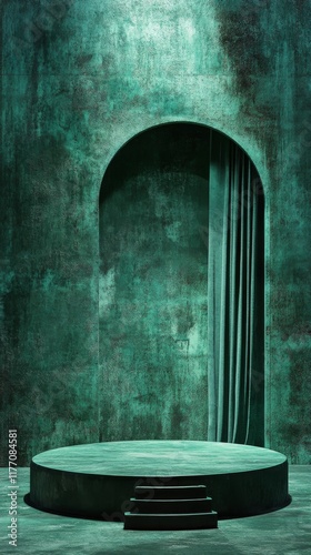 Elegant green velvet stage with circular platform and chair in a dramatic the...