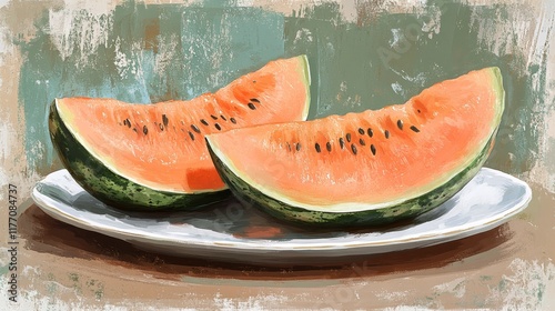 Freshly sliced watermelon served on a white plate with a vibrant green backgr...