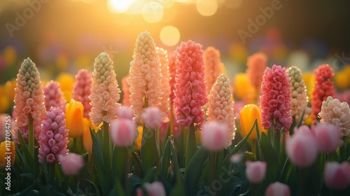 Colorful spring flowers bloom in a well-maintained garden flowerbed showcasin...