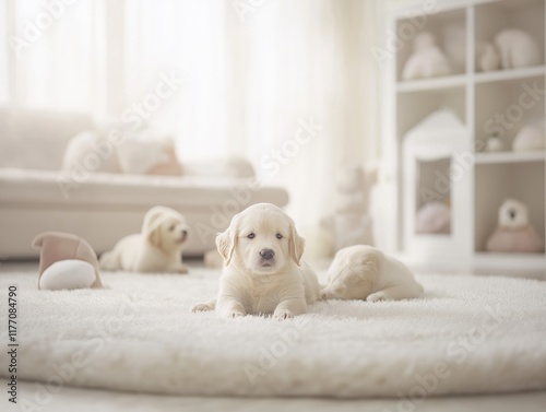 Golden retriever puppies play in a cozy living room filled with soft light and fluffy rugs
