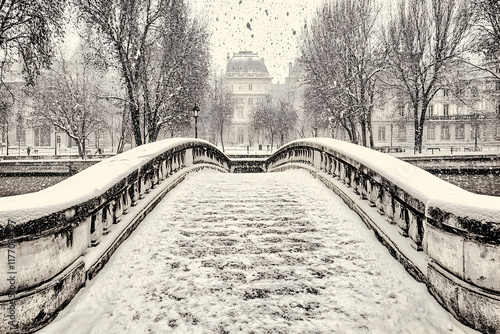 Snowy Parisian Bridge Winter Scene Photograph photo