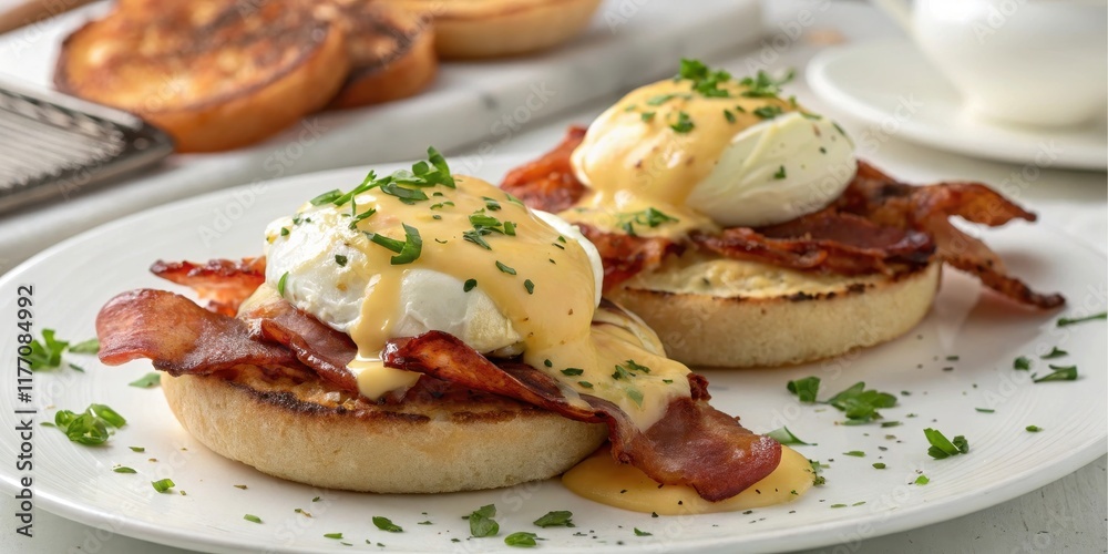 Delicious Eggs Benedict with Crispy Bacon and Hollandaise Sauce Delicious Eggs Benedict with Crispy Bacon and Hollandaise Sauce
