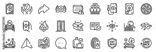 Cash transit, Cable section and Laureate line icons pack. Share, Message, Paper plane icons. Approved documentation, Electric app, Report web icon. Baggage reclaim, Delivery, Hdd pictogram. Vector