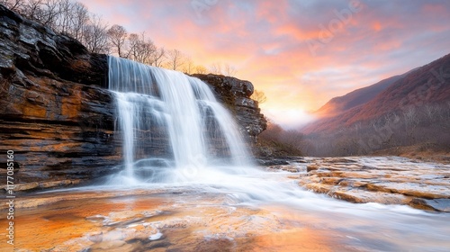 The landscape displays a magnificent waterfall cascading down the rocky cliffs, while the sky above is painted with stunning hues of orange, pink, and purple during sunset