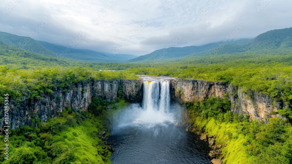 The panoramic view captures the mesmerizing beauty of a deep forest waterfall in Thailand